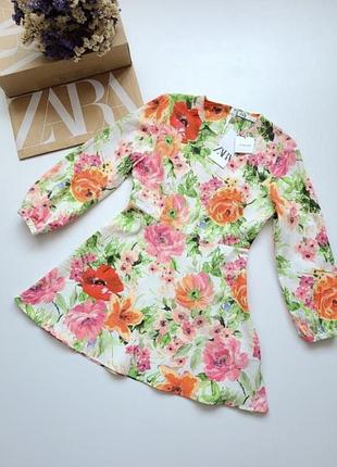 Сукня льон коттон в квіти короткий білий квітковий принт zara