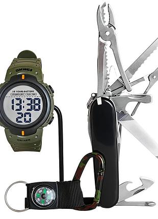 Мужской тактический набор skmei neon survival 10 bar – водонепроницаемые часы, мультитул и карабин с компасом