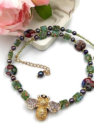 Колье из винтажных бусин murano glass millefiori и натуральных жемчужин