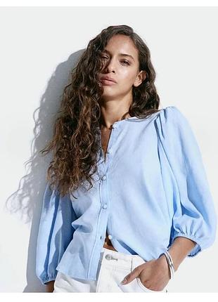 Блакитна блуза h&m лляна з льону віскози розмір s пишний рукав базова рукава буфи лен льняная голубая буфы