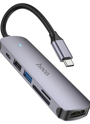 Usb-хаб hoco hb28 type-c multi-function converter(hdtv+usb3.0+usb2.0+sd+tf+pd) metal gray