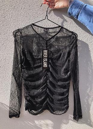 Чорний мереживний лонгслів блуза m 38 river island / черный ажурный лонгслив блузка