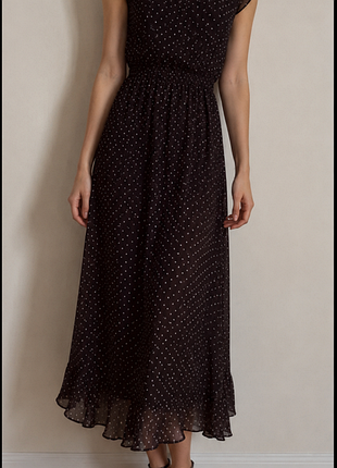 Шоколадно-коричнева шифонова сукня-максі mascioni в дрібний горошок (polka dot)