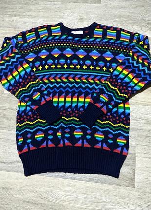 Мужской винтажный свитер zig zag , размер м , 100% шерсть woolmark .