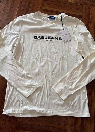 Новий бавовняний білий молочний чоловічий лонгслів бренду gas jeans із фірмовим текстовим принтом на грудях «gasjeans since 1984 xl 48 італія 🇮🇹