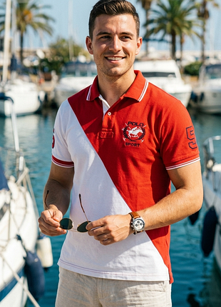 Футболка-поло з кольоровими блоками від ralph lauren має контрастний дизайн із вишитим номером «5» на рукаві.