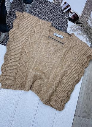 В’язаний жилет zara s жилет безрукавка з альпаки вкорочений прямий жилет з рюшами та косами зара