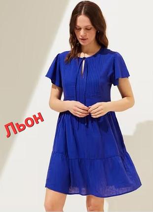 Льняное платье свободного кроя яркое синее marks &amp; spencer, р. 12 Парк, 40, красивое летнее платье длиной до колена