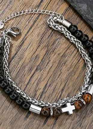 Подвійний браслет із нержавіючої сталі stainless steel тигрове око чорний агат код 6719