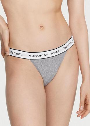 Женские трусики victoria's secret (154100516430) logo cotton tanga l серые (пояс с логотипом)