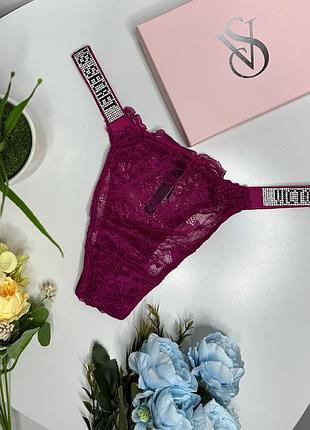 Мереживні жіночі трусики victoria's secret темно-фіолетові, мереживні труси зі стразами та камінням l