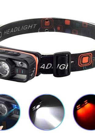 Фонарь налобный wh-0188-xpe+smd(white+red), motion sensor, li-ion аккумулятор, зу type-c
