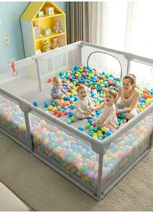 Дитячий манеж 180x200 см із кульками та ручками для ігор і прогулянок сірий harmony mc-0234