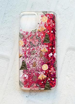 Чехол с плавающими розовыми блестками на iphone 13 новогодний фон (принт 425)