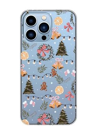 Прозрачный чехол на apple iphone 13 pro max новогодний фон (принт 425)