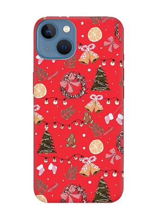 Матовий червоний чохол на apple iphone 13 новорічний фон (принт 425)