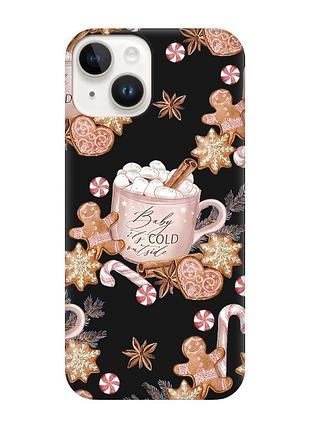 Матовый черный чехол на apple iphone 14 новогодний фон (принт 426)