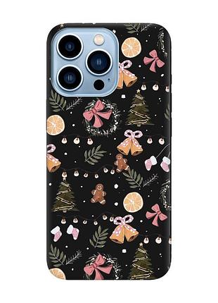 Матовый черный чехол на apple iphone 13 pro max новогодний фон (принт 425)