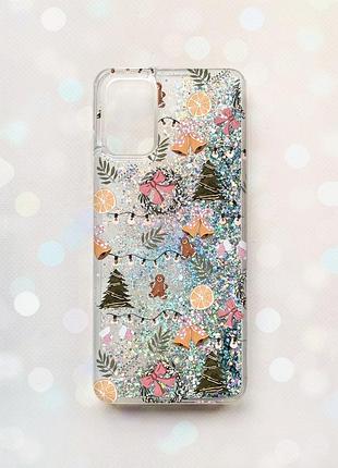 Чехол с плавающими серебряными блестками на samsung galaxy a03s (a037) новогодний фон (принт 425)