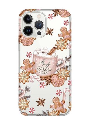Прозрачный чехол с защитой камеры на iphone 14 pro max новогодний фон (принт 426)