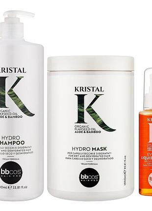 Набір для зволоження та блиску волосся bbcos kristal hydro шампунь 1000 мл маска 1000 мл та рідкі кристали everyday 100 мл
