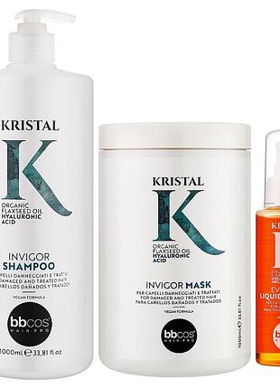 Набір для відновлення та блиску пошкодженого волосся bbcos kristal invigor шампунь 1000 мл маска 1000 мл та рідкі кристали 100 мл