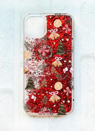 Чехол с плавающими красными блестками на iphone 11 новогодний фон (принт 425)