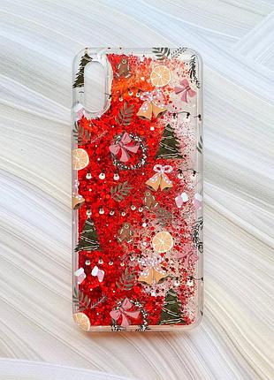 Чохол з плаваючими червоними блискітками на xiaomi redmi 9a новорічний фон (принт 425)