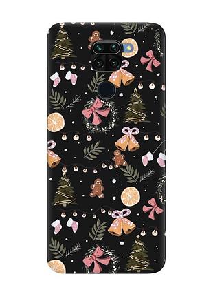 Матовый черный чехол на xiaomi redmi note 9 новогодний фон (принт 425)
