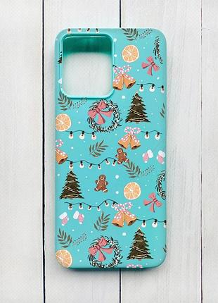 Матовый чехол на xiaomi redmi 12 бирюзовый новогодний фон (принт 425)