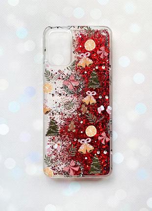 Чохол з плаваючими червоними блискітками на samsung galaxy a03s (a037) новорічний фон (принт 425)