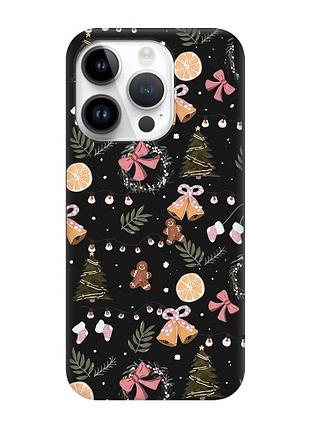 Матовый черный чехол на apple iphone 14 pro новогодний фон (принт 425)