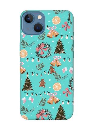 Матовий бірюзовий чохол на apple iphone 13 новорічний фон (принт 425)