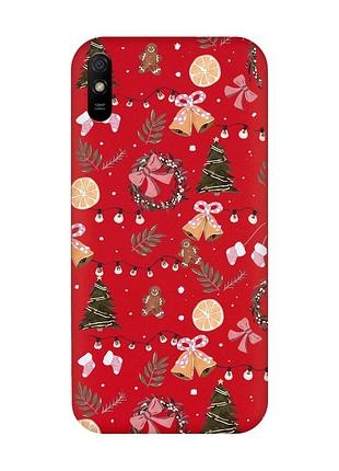 Матовий червоний чохол на xiaomi redmi 9a новорічний фон (принт 425)