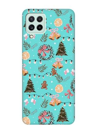 Матовый бирюзовый чехол на samsung galaxy m32/m22/a22 4g новогодний фон (принт 425)