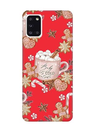 Матовый красный чехол на samsung galaxy a31 новогодний фон (принт 426)
