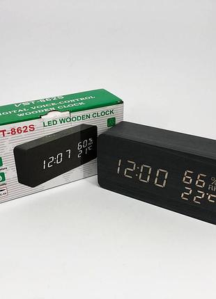 Электронные настольные часы vst-862s-6 черные с белой подсветкой, с датчиками температуры и влажности