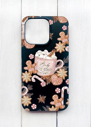 Матовый чехол на iphone 15 plus черный новогодний фон (принт 426)