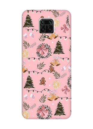 Матовый розовый чехол на xiaomi redmi note 9 pro / 9s / 9 pro max новогодний фон (принт 425)