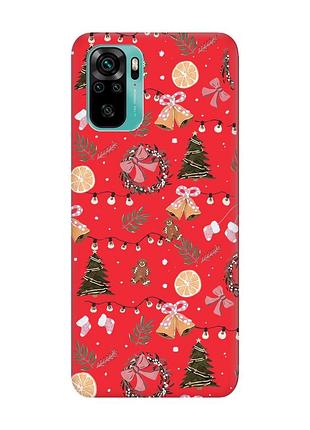 Матовый красный чехол на xiaomi redmi note 10/note 10s новогодний фон (принт 425)