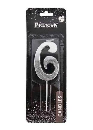 Свічка-цифра 6 5см срібло з блискітками арт.863316 тм pelican