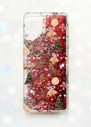 Чохол з плаваючими червоними блискітками samsung galaxy a12 новорічний фон (принт 425)