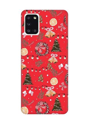 Матовый красный чехол на samsung galaxy a31 новогодний фон (принт 425)