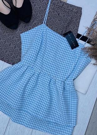 Новий літній топ new look m ярусний топ пишний блакитний топ в клітинку на тонких бретельках