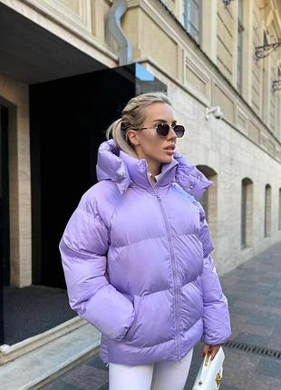 Лілова тепла зимова куртка пуховик з великими секціями і відстібним капюшоном (пуффер), 48-50