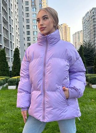 Лавандова тепла зимова куртка пуховик з великими секціями та високим коміром-стійкою (пуффер), 48-50