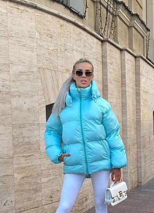 Бірюзова тепла зимова куртка пуховик з великими секціями і відстібним капюшоном (пуффер), 48-50