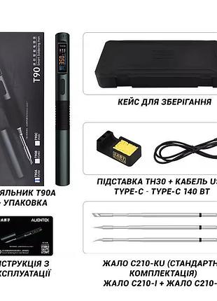 Паяльник alientek t90a з жалом c210 140w компактний, з oled дисплеєм (набір з комплектом жал)