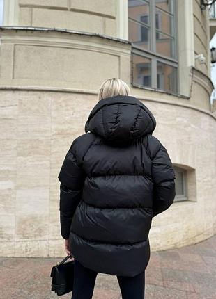 Чорна тепла зимова куртка пуховик з великими секціями і відстібним капюшоном (пуффер), 42-46