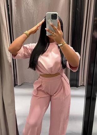 Широкі штани палаццо рожеві з защипами zara